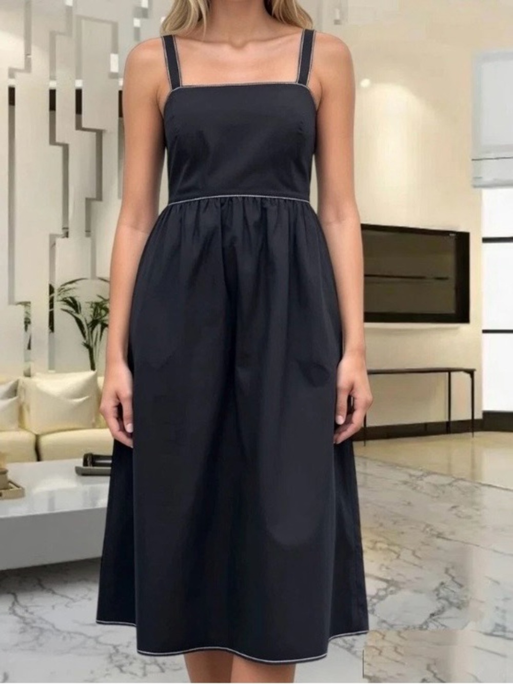 Zara Black Open Back Bow Tie Midi Dress Contrast Stitch Cotton Poplin XS